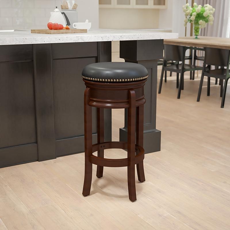 29'' High Backless Cappuccino Wood Barstool With Carved Apron And Black Leathersoft Swivel Seat By Flash Furniture