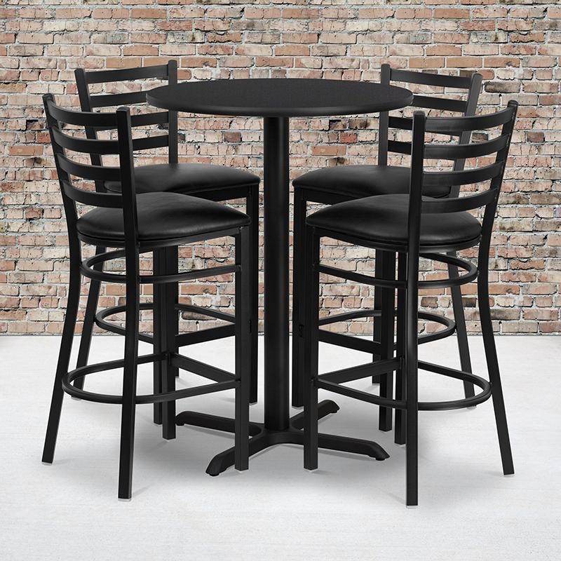30'' Round Black Laminate Table Set With X-Base And 4 Ladder Back Metal Barstools - Black Vinyl Seat By Flash Furniture