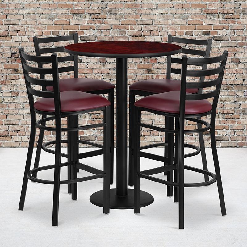 30'' Round Mahogany Laminate Table Set With Round Base And 4 Ladder Back Metal Barstools - Burgundy Vinyl Seat By Flash Furniture