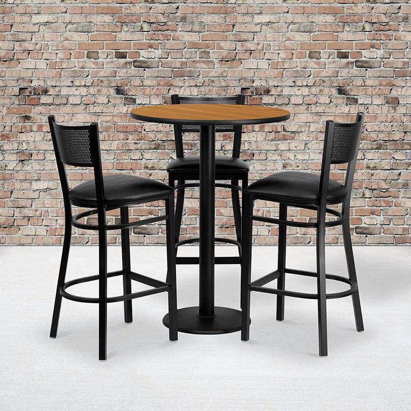 30'' Round Natural Laminate Table Set With 3 Grid Back Metal Barstools - Black Vinyl Seat By Flash Furniture