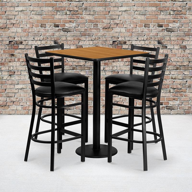 30'' Square Natural Laminate Table Set With 4 Ladder Back Metal Barstools - Black Vinyl Seat By Flash Furniture