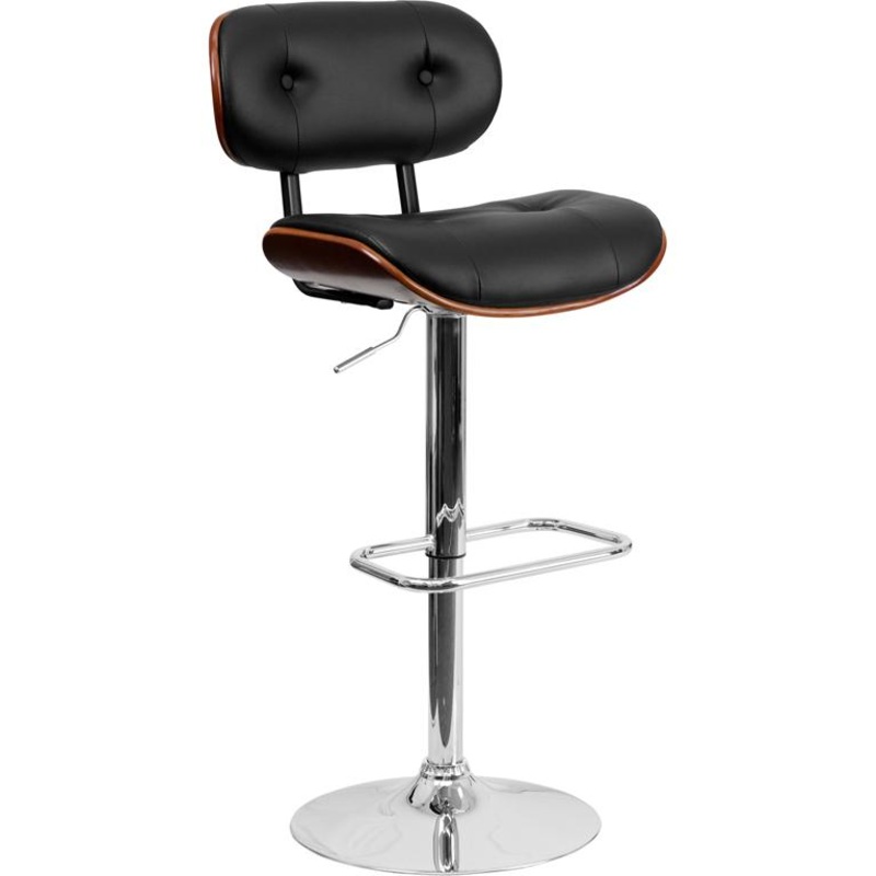 Walnut Bentwood Adjustable Height Barstool With Button Tufted Black Vinyl Seat By Flash Furniture