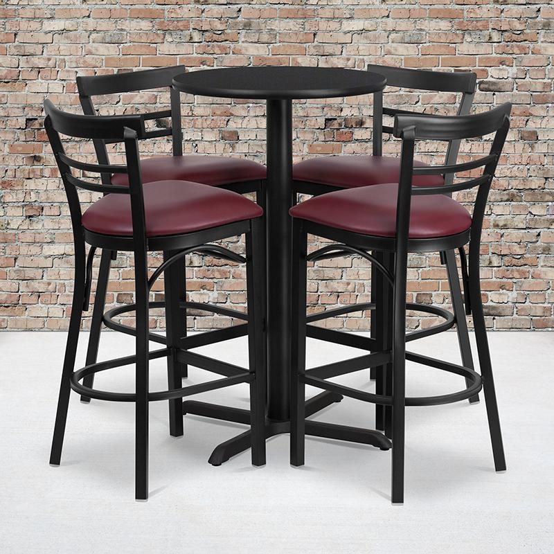 24'' Round Black Laminate Table Set With X-Base And 4 Two-Slat Ladder Back Metal Barstools - Burgundy Vinyl Seat By Flash Furniture