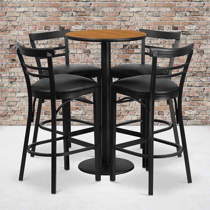24'' Round Natural Laminate Table Set With Round Base And 4 Two-Slat Ladder Back Metal Barstools - Black Vinyl Seat By Flash Furniture