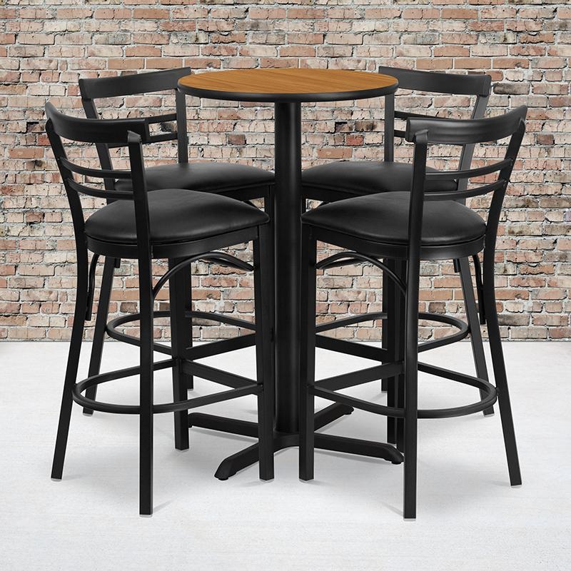 24'' Round Natural Laminate Table Set With X-Base And 4 Two-Slat Ladder Back Metal Barstools - Black Vinyl Seat By Flash Furniture