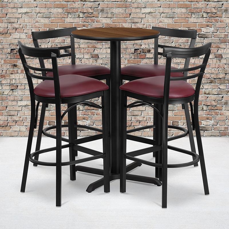 24'' Round Walnut Laminate Table Set With X-Base And 4 Two-Slat Ladder Back Metal Barstools - Burgundy Vinyl Seat By Flash Furniture