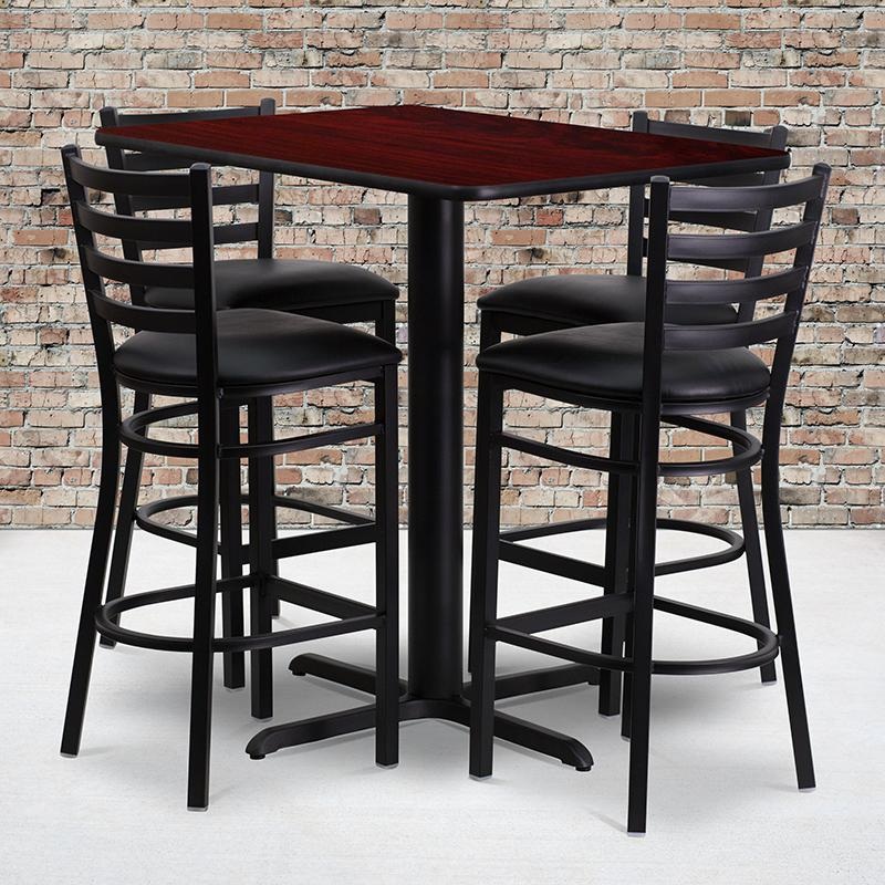 24''W X 42''L Rectangular Mahogany Laminate Table Set With 4 Ladder Back Metal Barstools - Black Vinyl Seat By Flash Furniture