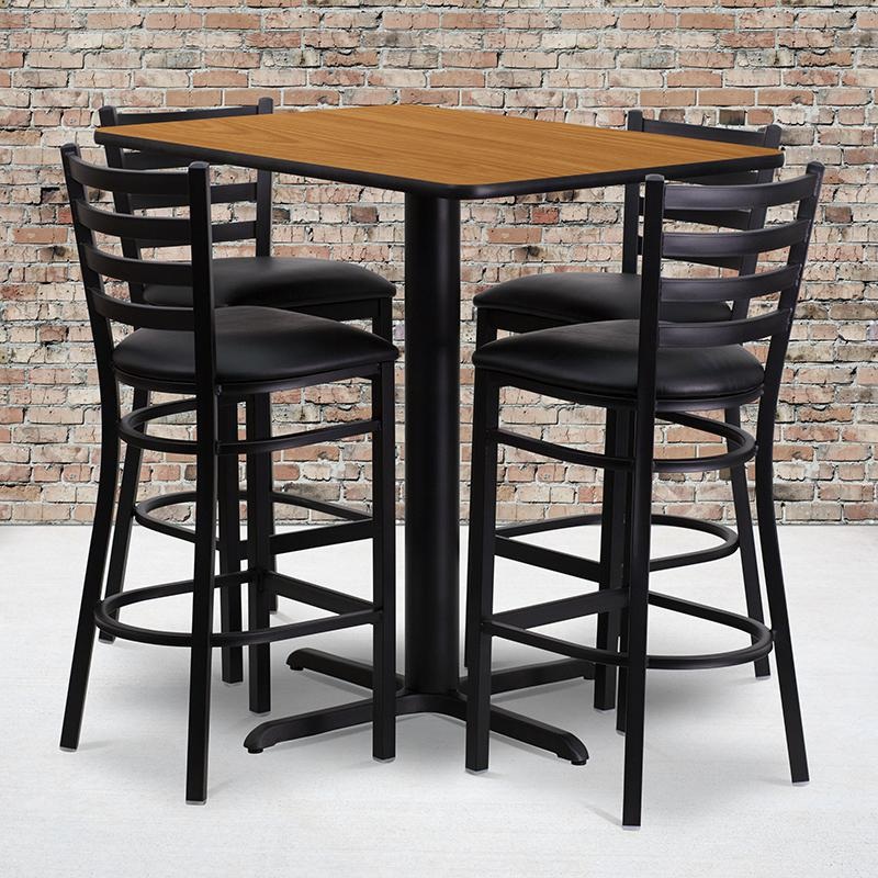 24''W X 42''L Rectangular Natural Laminate Table Set With 4 Ladder Back Metal Barstools - Black Vinyl Seat By Flash Furniture