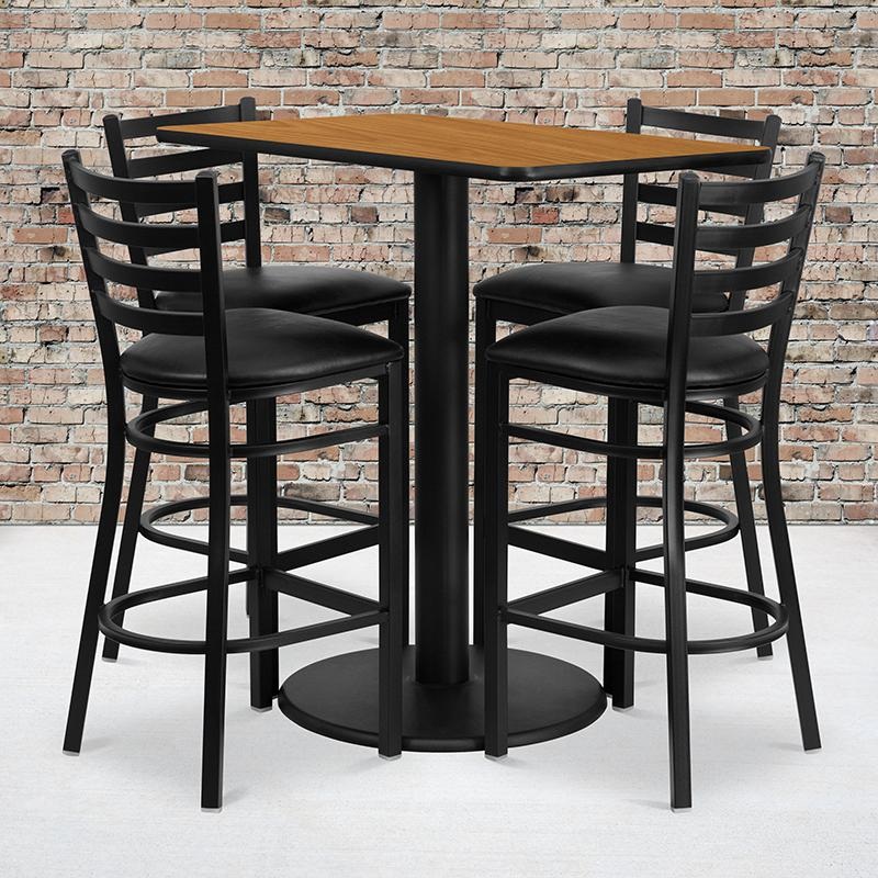 24'' X 42'' Rectangular Natural Laminate Table Set With 4 Ladder Back Metal Barstools - Black Vinyl Seat By Flash Furniture