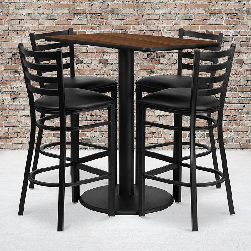 24'' X 42'' Rectangular Walnut Laminate Table Set With 4 Ladder Back Metal Barstools - Black Vinyl Seat By Flash Furniture