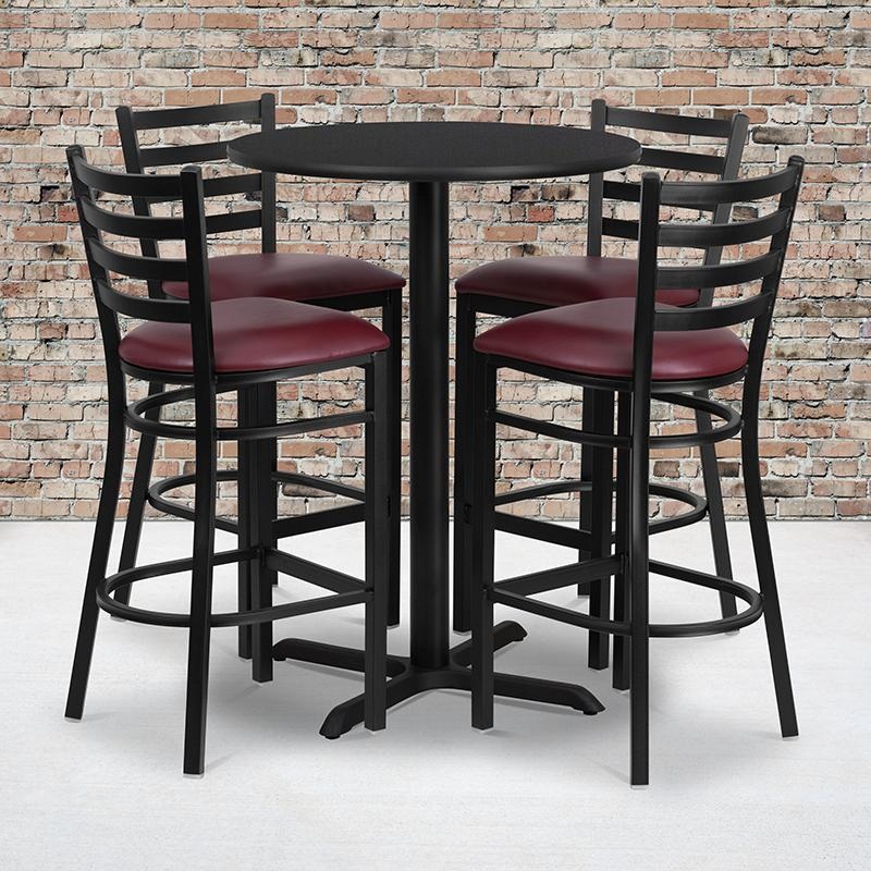 30'' Round Black Laminate Table Set With X-Base And 4 Ladder Back Metal Barstools - Burgundy Vinyl Seat By Flash Furniture