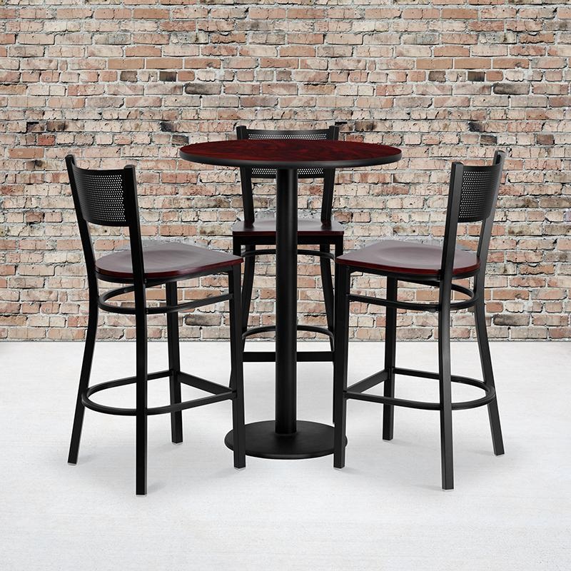 30'' Round Mahogany Laminate Table Set With 3 Grid Back Metal Barstools - Mahogany Wood Seat By Flash Furniture