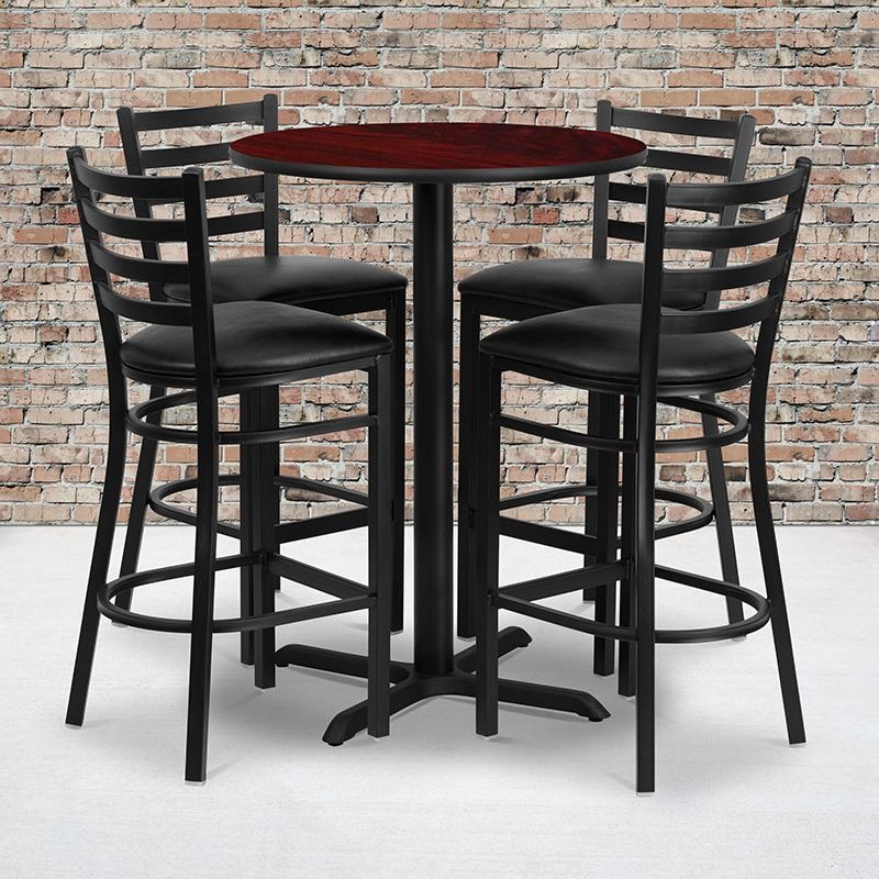 30'' Round Mahogany Laminate Table Set With X-Base And 4 Ladder Back Metal Barstools - Black Vinyl Seat By Flash Furniture