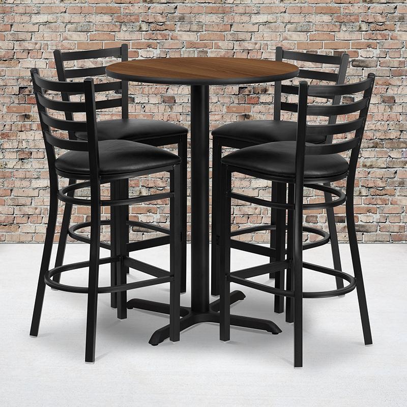 30'' Round Walnut Laminate Table Set With X-Base And 4 Ladder Back Metal Barstools - Black Vinyl Seat By Flash Furniture