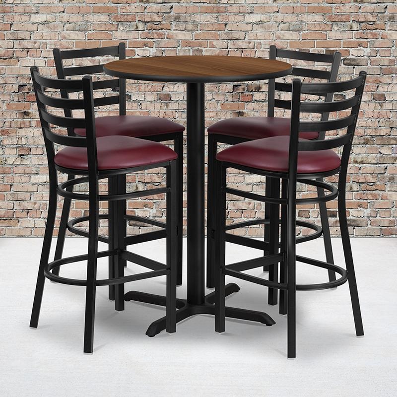 30'' Round Walnut Laminate Table Set With X-Base And 4 Ladder Back Metal Barstools - Burgundy Vinyl Seat By Flash Furniture