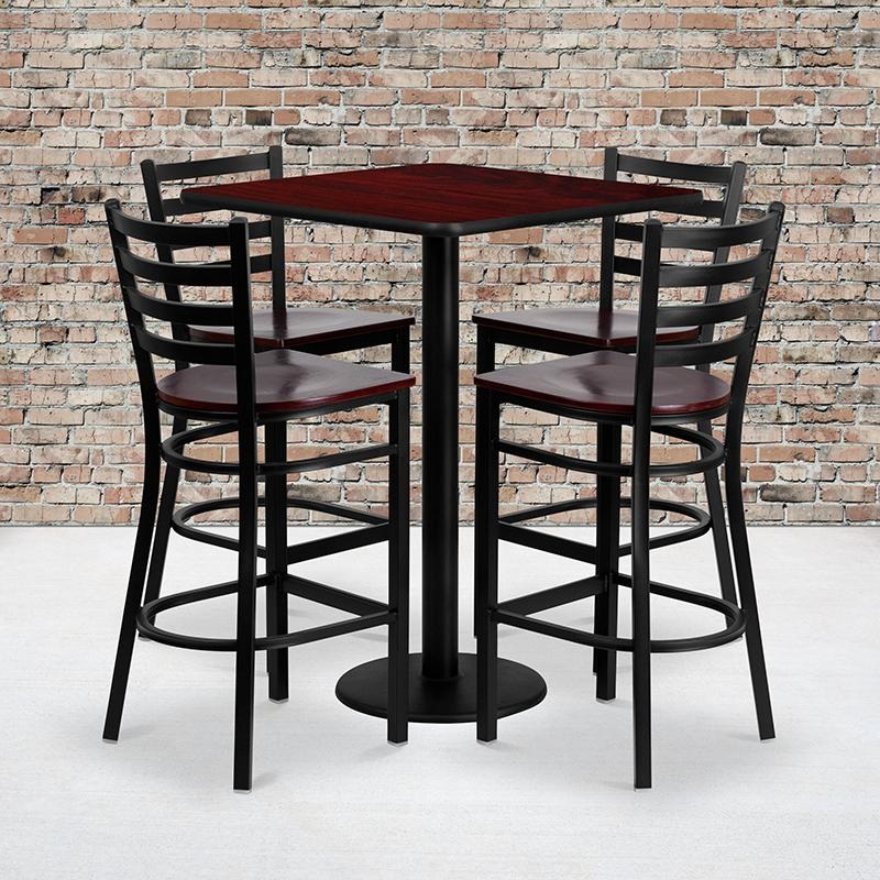 30'' Square Mahogany Laminate Table Set With 4 Ladder Back Metal Barstools - Mahogany Wood Seat By Flash Furniture