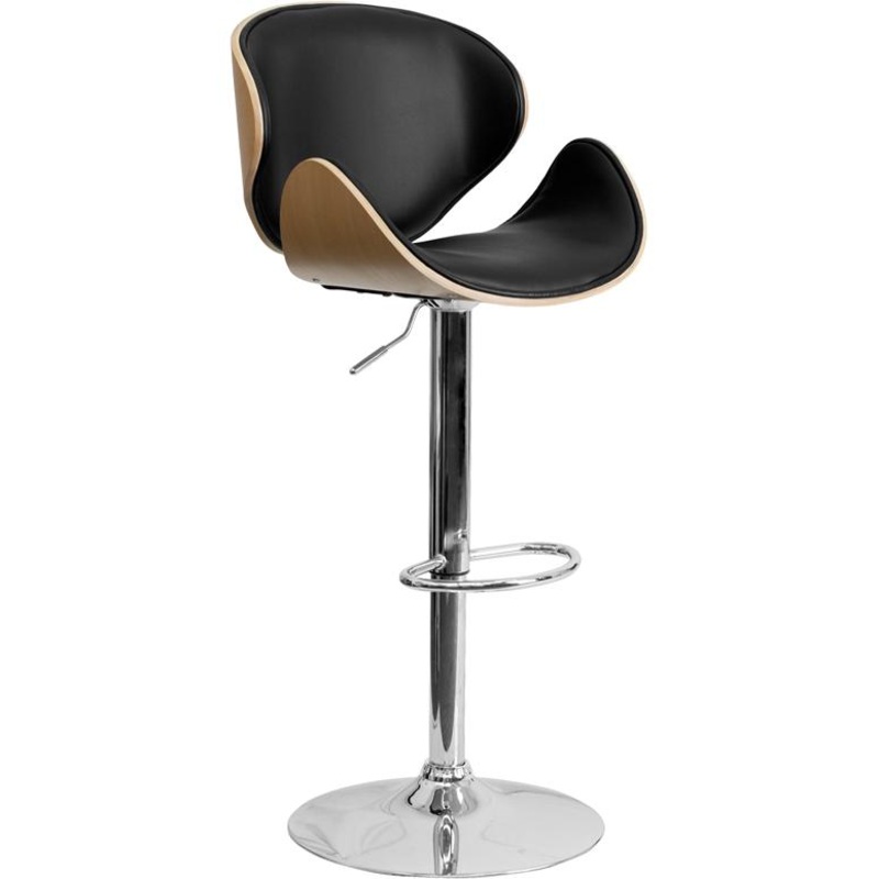 Beech Bentwood Adjustable Height Barstool With Curved Back And Black Vinyl Seat By Flash Furniture