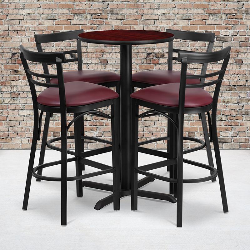 24'' Round Mahogany Laminate Table Set With X-Base And 4 Two-Slat Ladder Back Metal Barstools - Burgundy Vinyl Seat By Flash Furniture