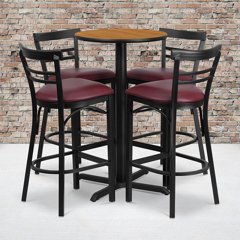 24'' Round Natural Laminate Table Set With X-Base And 4 Two-Slat Ladder Back Metal Barstools - Burgundy Vinyl Seat By Flash Furniture