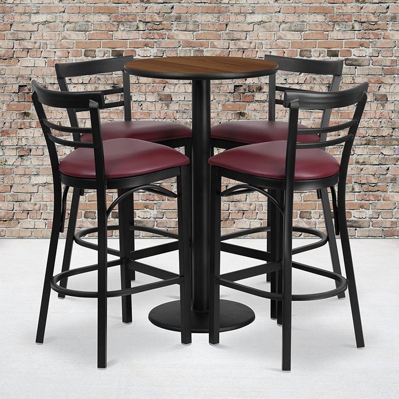 24'' Round Walnut Laminate Table Set With Round Base And 4 Two-Slat Ladder Back Metal Barstools - Burgundy Vinyl Seat By Flash Furniture