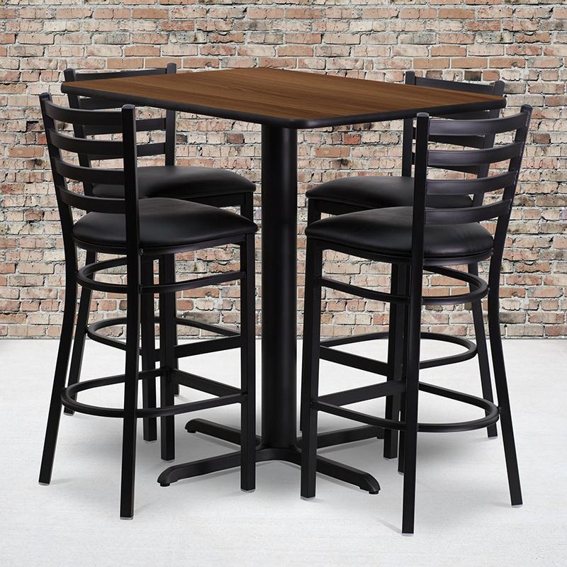 24''W X 42''L Rectangular Walnut Laminate Table Set With 4 Ladder Back Metal Barstools - Black Vinyl Seat By Flash Furniture