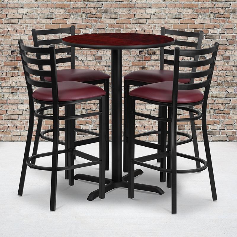 30'' Round Mahogany Laminate Table Set With X-Base And 4 Ladder Back Metal Barstools - Burgundy Vinyl Seat By Flash Furniture