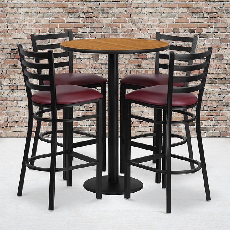 30'' Round Natural Laminate Table Set With Round Base And 4 Ladder Back Metal Barstools - Burgundy Vinyl Seat By Flash Furniture