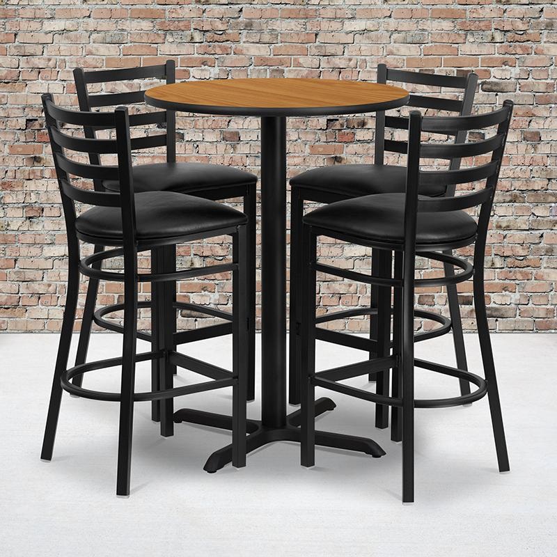 30'' Round Natural Laminate Table Set With X-Base And 4 Ladder Back Metal Barstools - Black Vinyl Seat By Flash Furniture