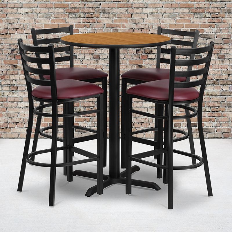 30'' Round Natural Laminate Table Set With X-Base And 4 Ladder Back Metal Barstools - Burgundy Vinyl Seat By Flash Furniture