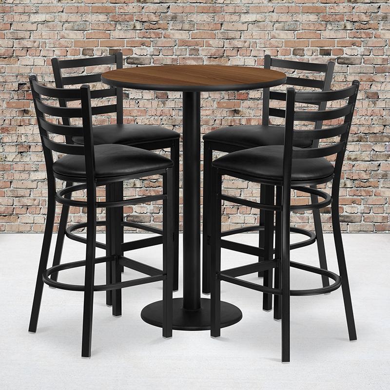 30'' Round Walnut Laminate Table Set With Round Base And 4 Ladder Back Metal Barstools - Black Vinyl Seat By Flash Furniture