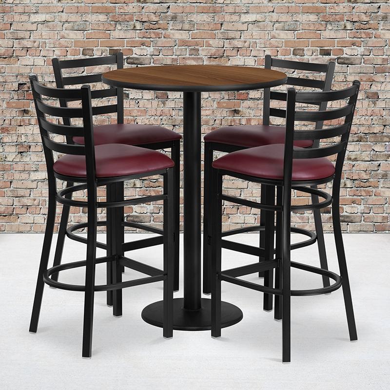 30'' Round Walnut Laminate Table Set With Round Base And 4 Ladder Back Metal Barstools - Burgundy Vinyl Seat By Flash Furniture