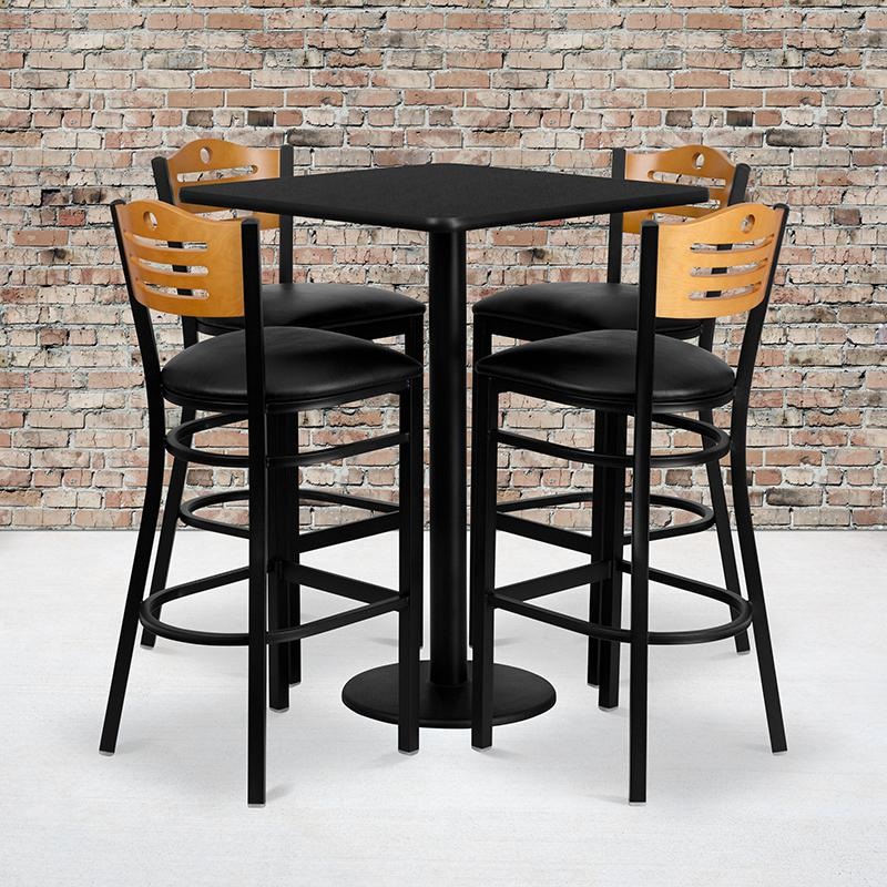 30'' Square Black Laminate Table Set With 4 Wood Slat Back Metal Barstools - Black Vinyl Seat By Flash Furniture
