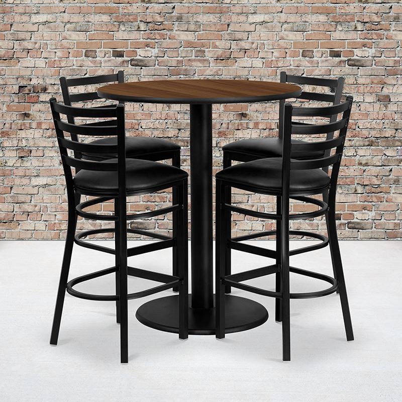 36'' Round Walnut Laminate Table Set With 4 Ladder Back Metal Barstools - Black Vinyl Seat By Flash Furniture