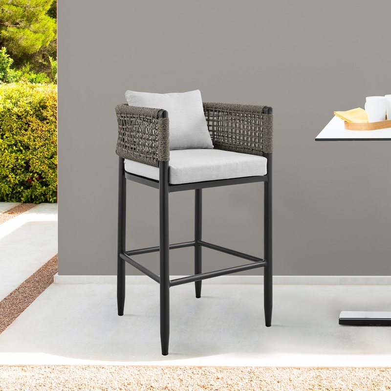 Alegria Outdoor Patio Counter Height Bar Stool in Aluminum with Gray Rope and Cushions By Armen Living