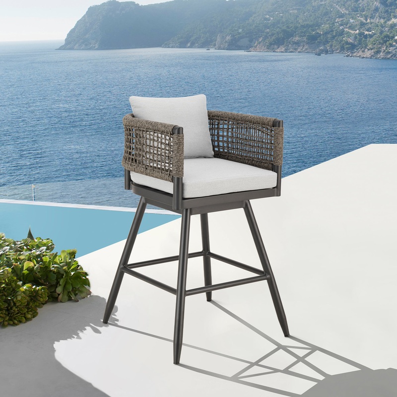 Alegria Outdoor Patio Swivel Counter Stool in Aluminum with Gray Rope and Light Gray Cushions By Armen Living