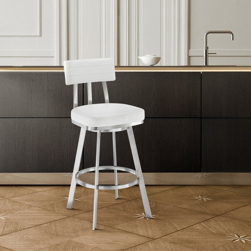 Benjamin 26" Swivel Counter Stool in Brushed Stainless Steel with White Faux Leather By Armen Living