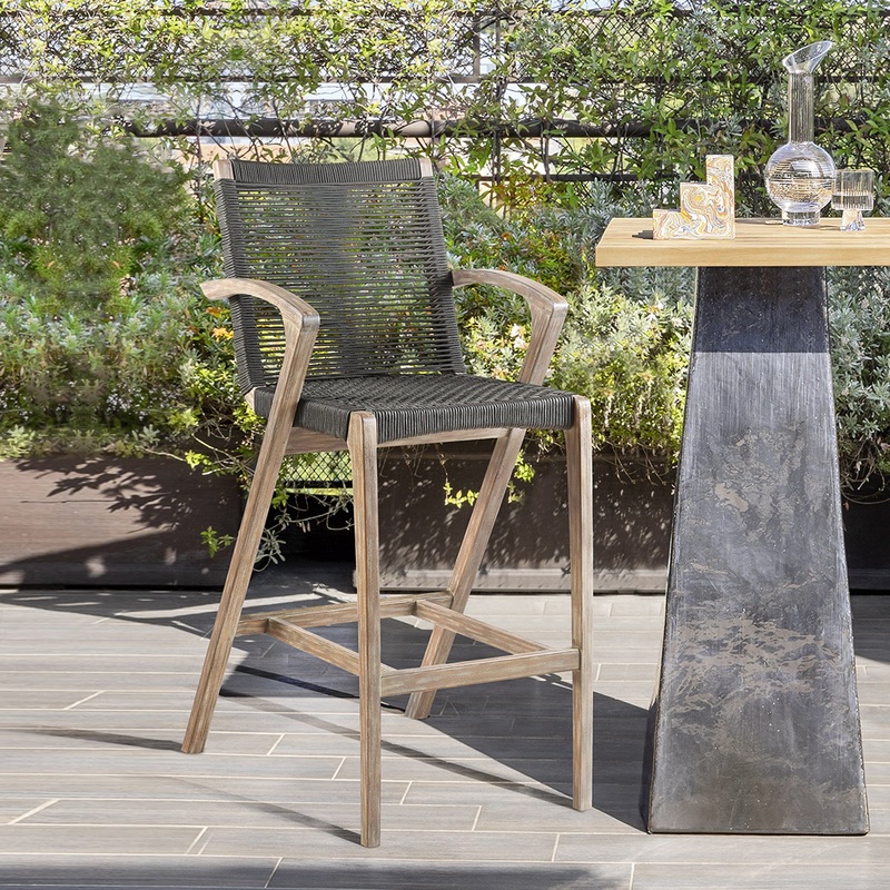 Brielle Outdoor Light Eucalyptus Wood and Charcoal Rope Counter Height Stool By Armen Living