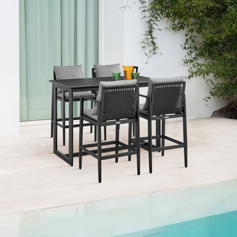 Cayman Outdoor Patio 5-Piece Bar Table Set in Aluminum with Gray Cushions By Armen Living