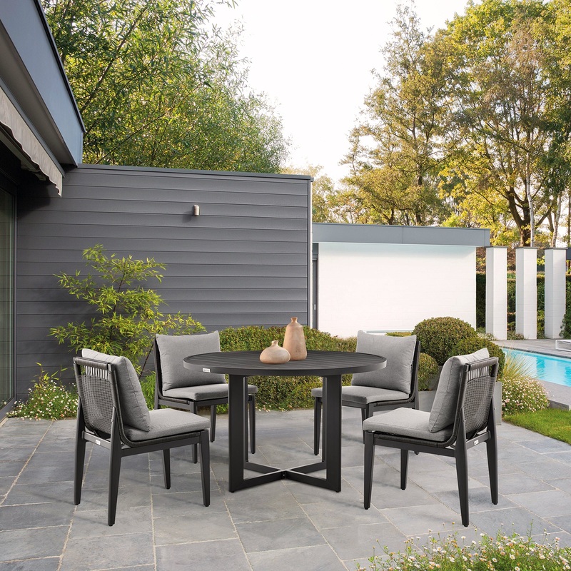 Cayman Outdoor Patio 5-Piece Round Dining Table Set in Aluminum with Gray Cushions By Armen Living