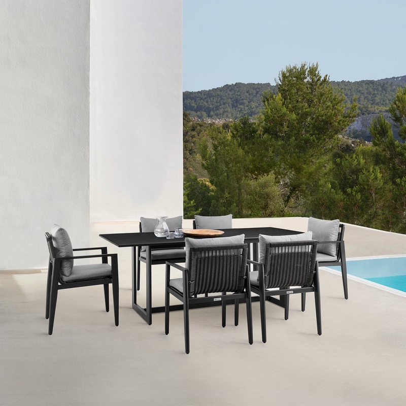 Cayman Outdoor Patio 7-Piece Dining Table Set in Aluminum with Gray Cushions By Armen Living