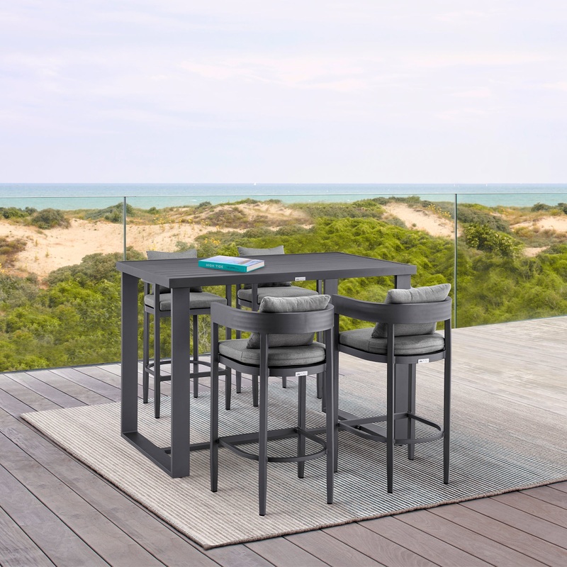 Menorca Outdoor Patio 5-Piece Bar Table Set in Aluminum with Gray Cushions By Armen Living