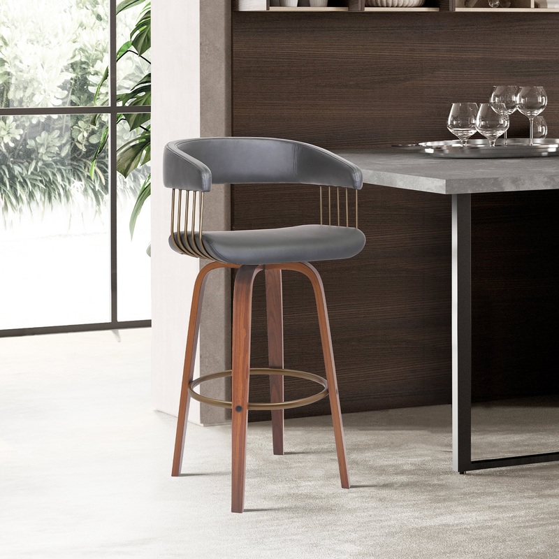 Topanga 26" Swivel Walnut Wood Counter Stool in Gray Faux Leather with Golden Bronze Metal By Armen Living