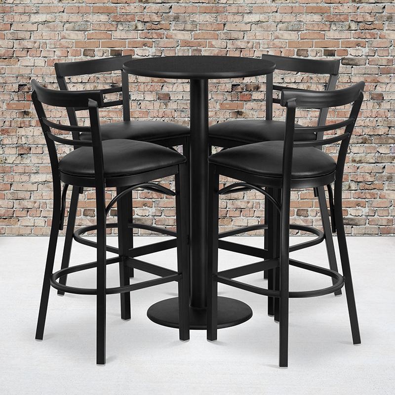 24'' Round Black Laminate Table Set With Round Base And 4 Two-Slat Ladder Back Metal Barstools - Black Vinyl Seat By Flash Furniture