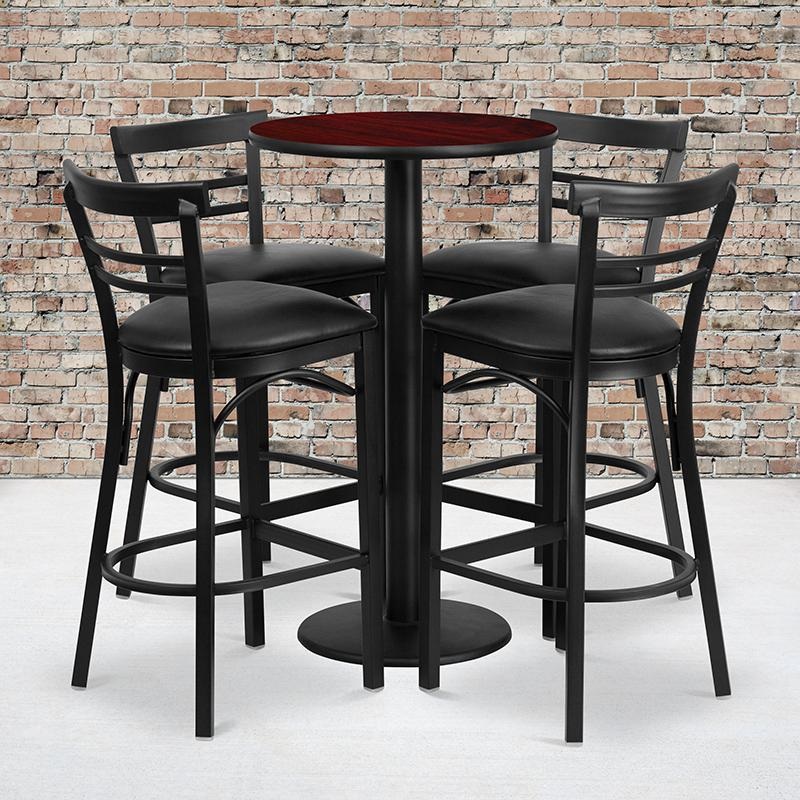 24'' Round Mahogany Laminate Table Set With Round Base And 4 Two-Slat Ladder Back Metal Barstools - Black Vinyl Seat By Flash Furniture