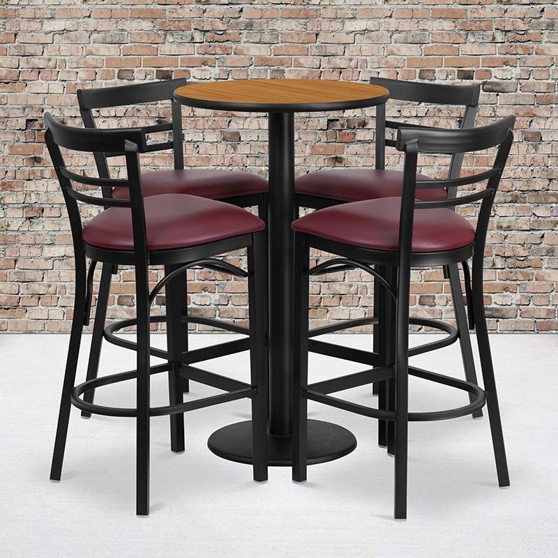 24'' Round Natural Laminate Table Set With Round Base And 4 Two-Slat Ladder Back Metal Barstools - Burgundy Vinyl Seat By Flash Furniture