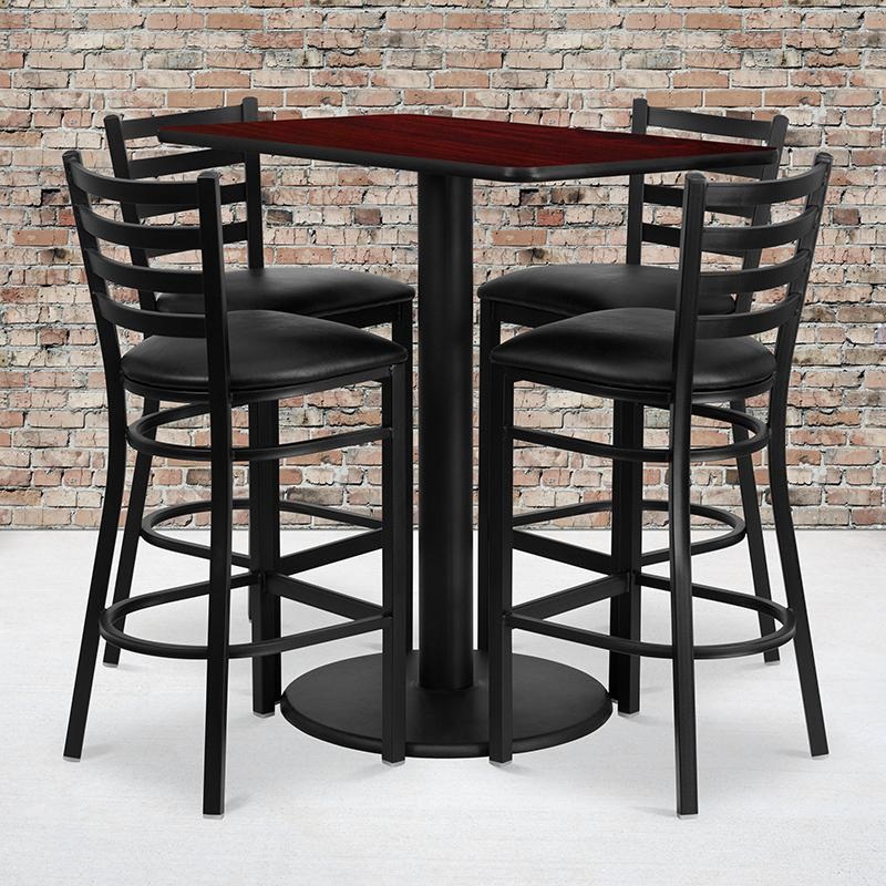 24'' X 42'' Rectangular Mahogany Laminate Table Set With 4 Ladder Back Metal Barstools - Black Vinyl Seat By Flash Furniture
