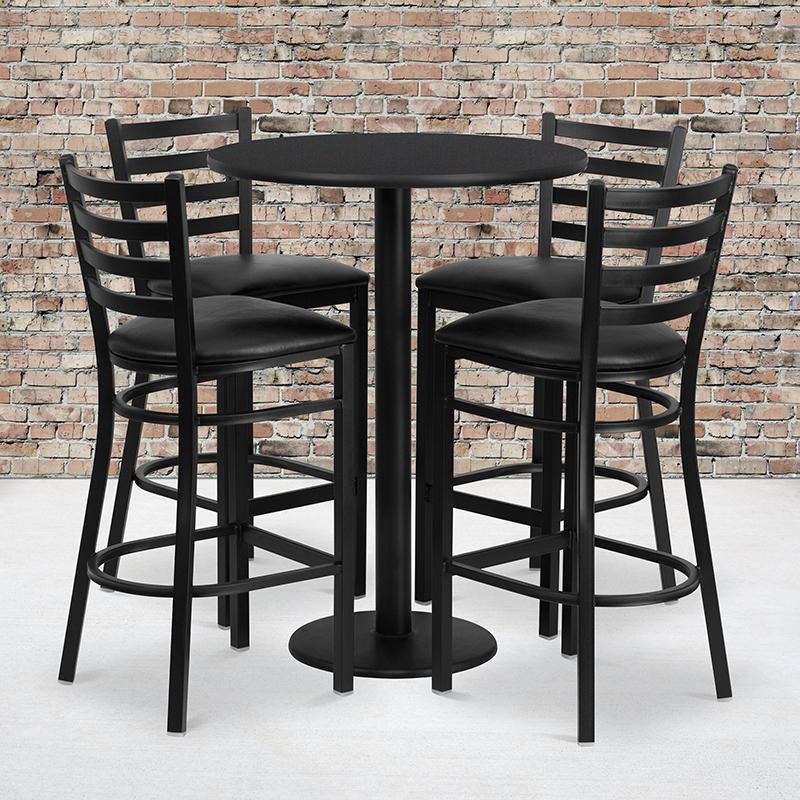 30'' Round Black Laminate Table Set With Round Base And 4 Ladder Back Metal Barstools - Black Vinyl Seat By Flash Furniture