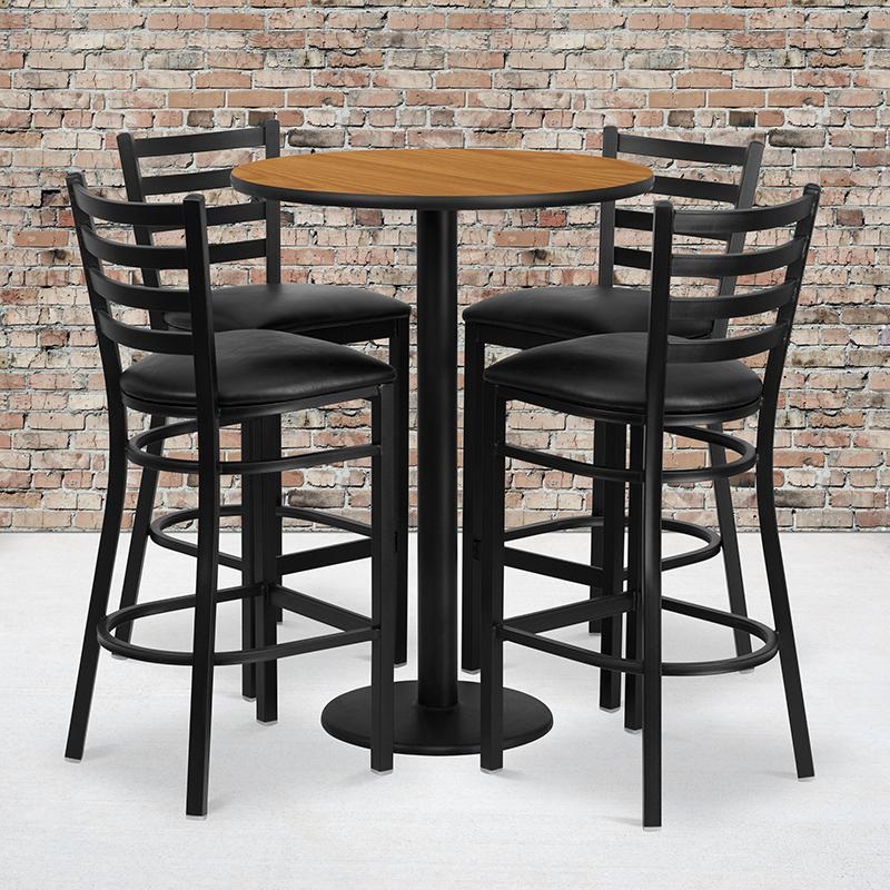30'' Round Natural Laminate Table Set With Round Base And 4 Ladder Back Metal Barstools - Black Vinyl Seat By Flash Furniture