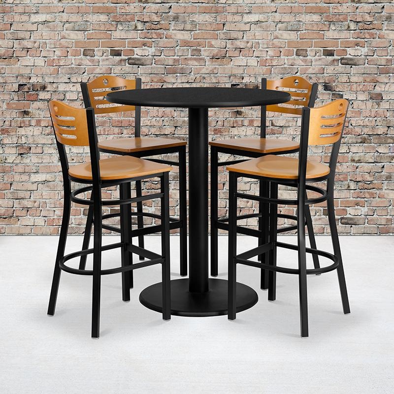 36'' Round Black Laminate Table Set With 4 Wood Slat Back Metal Barstools - Natural Wood Seat By Flash Furniture