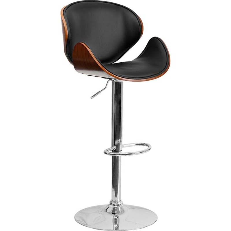 Walnut Bentwood Adjustable Height Barstool With Curved Back And Black Vinyl Seat By Flash Furniture